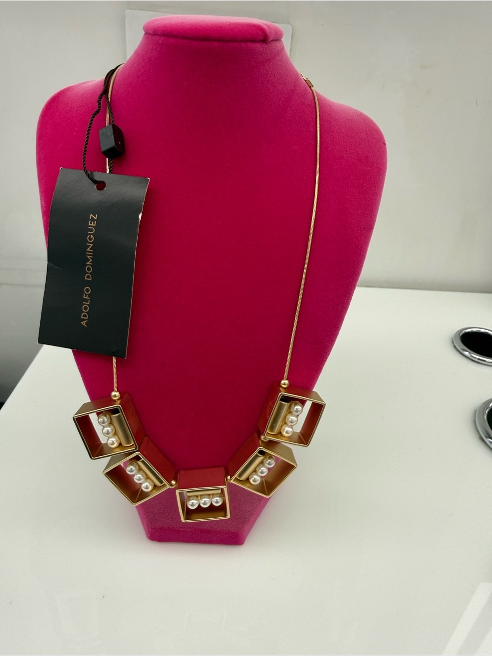 Adolfo Dominguez Gold and Brown Pearl-Trim Geometric Necklace
